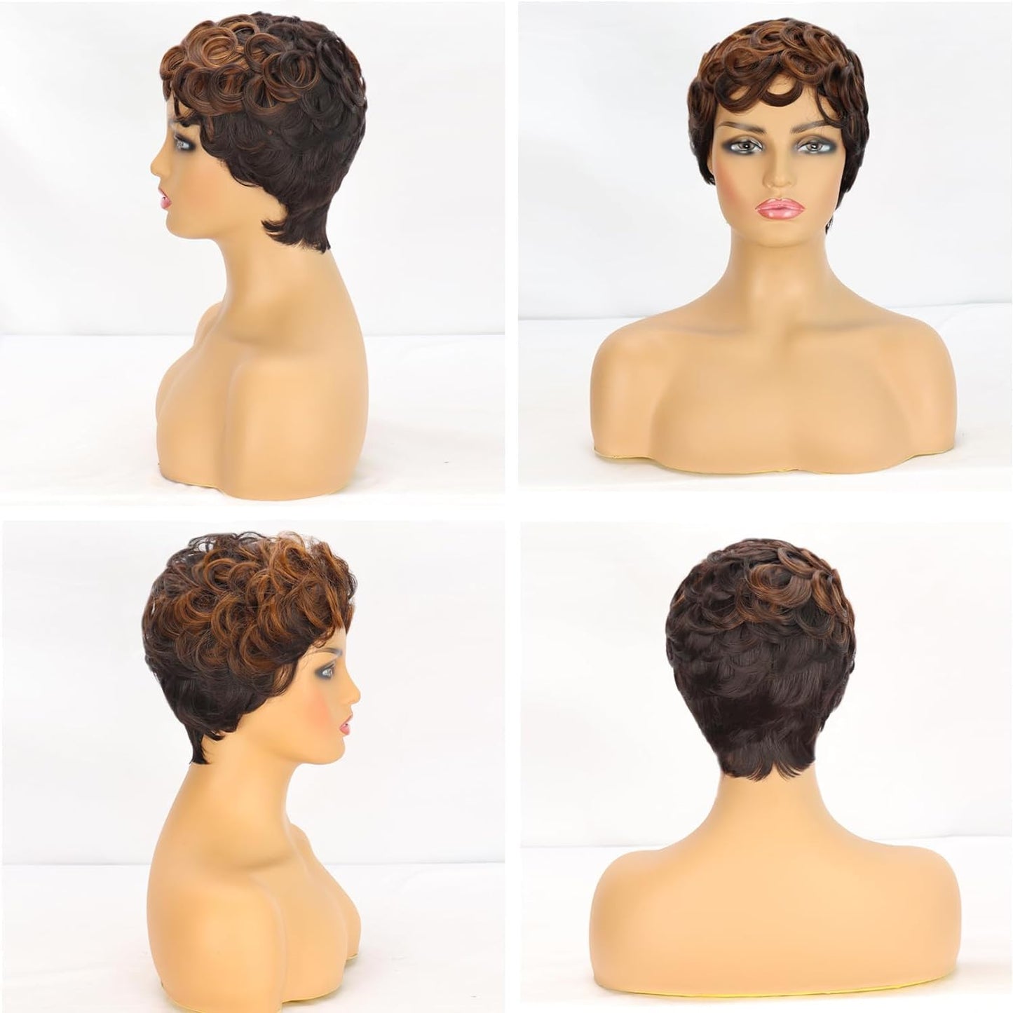 MUJGOO Short Curly Pixie Cut Wigs for Black Women Black Ombre Brown 6inch Short Pixie Wigs for Black Women With Bangs (Black and brown)