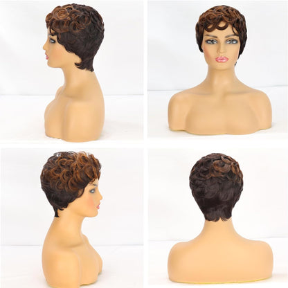 MUJGOO Short Curly Pixie Cut Wigs for Black Women Black Ombre Brown 6inch Short Pixie Wigs for Black Women With Bangs (Black and brown)