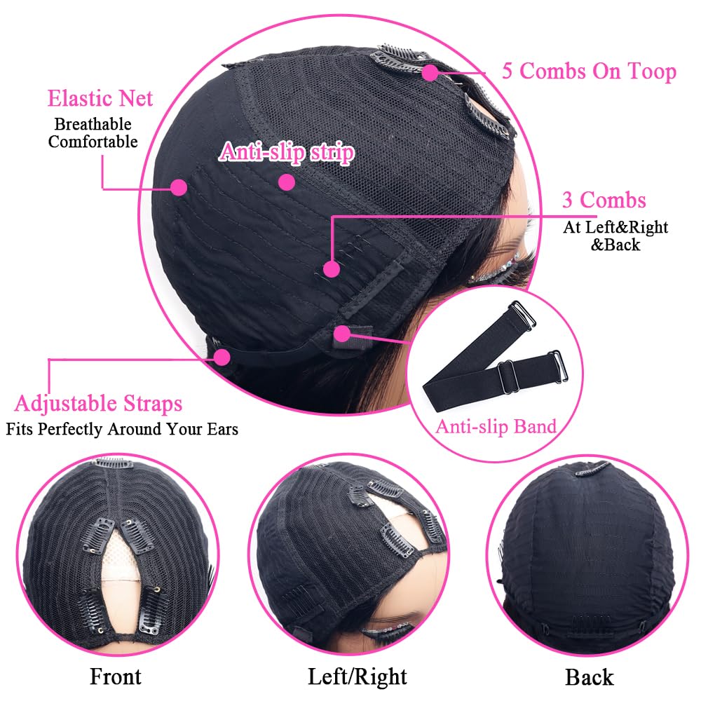 Pobokix Straight V Part Wigs Human Hair Upgrade U Part Human Hair Wigs for Black Women Glueless Clip In Half Wig 180% Density Natural Color (14inch)