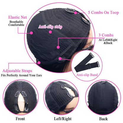 Pobokix Straight V Part Wigs Human Hair Upgrade U Part Human Hair Wigs for Black Women Glueless Clip In Half Wig 180% Density Natural Color (14inch)