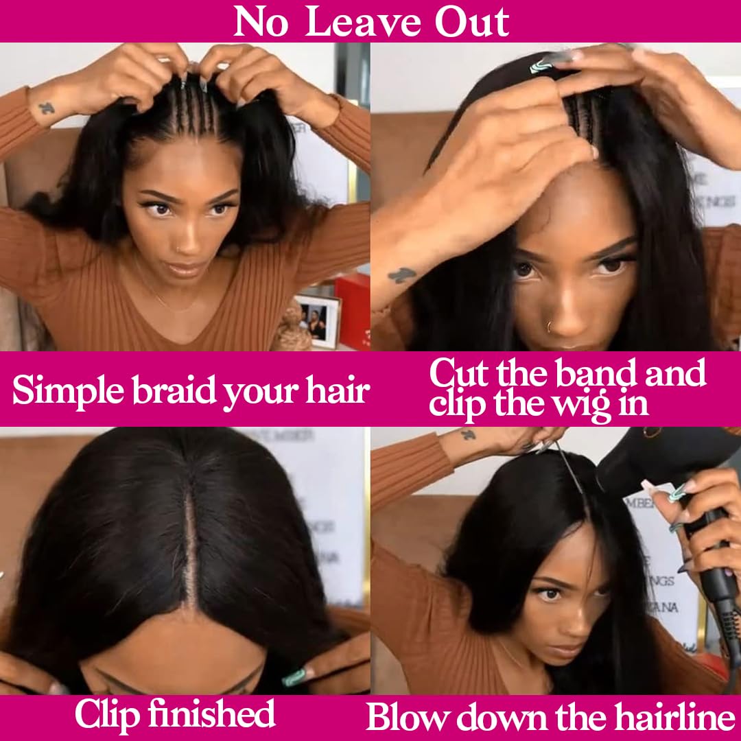 Pobokix Straight V Part Wigs Human Hair Upgrade U Part Human Hair Wigs for Black Women Glueless Clip In Half Wig 180% Density Natural Color (12inch)