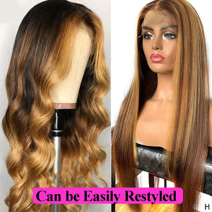Healthair Ombre Lace Front Wigs Human hair Highlight 4/27 Honey Blonde Lace Front Wig 180% Density Straight Human Hair Wig 13x4 HD Transparent Lace Wigs for Black Women (4/27, 20inch)
