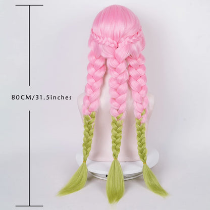 Max Beauty Anime Pink and Green Wig for Mitsuri Cosplay Braided Hair Wig with Pigtails Halloween Party + Cap