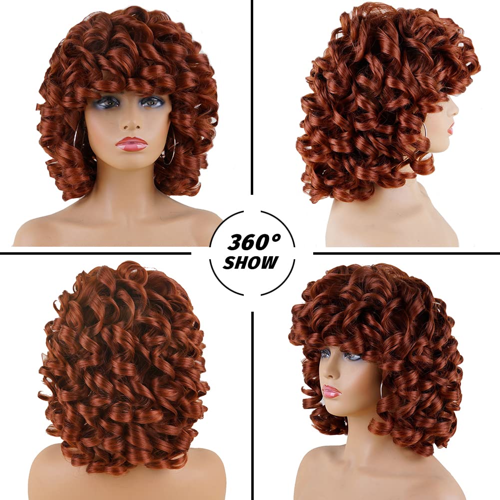 andromeda Auburn Wigs for Black Women Soft Short Big Curly Wig with Bangs Afro Loose Cute Curly Heat Resistant Natural Looking Synthetic Wig for African American Women(350#)
