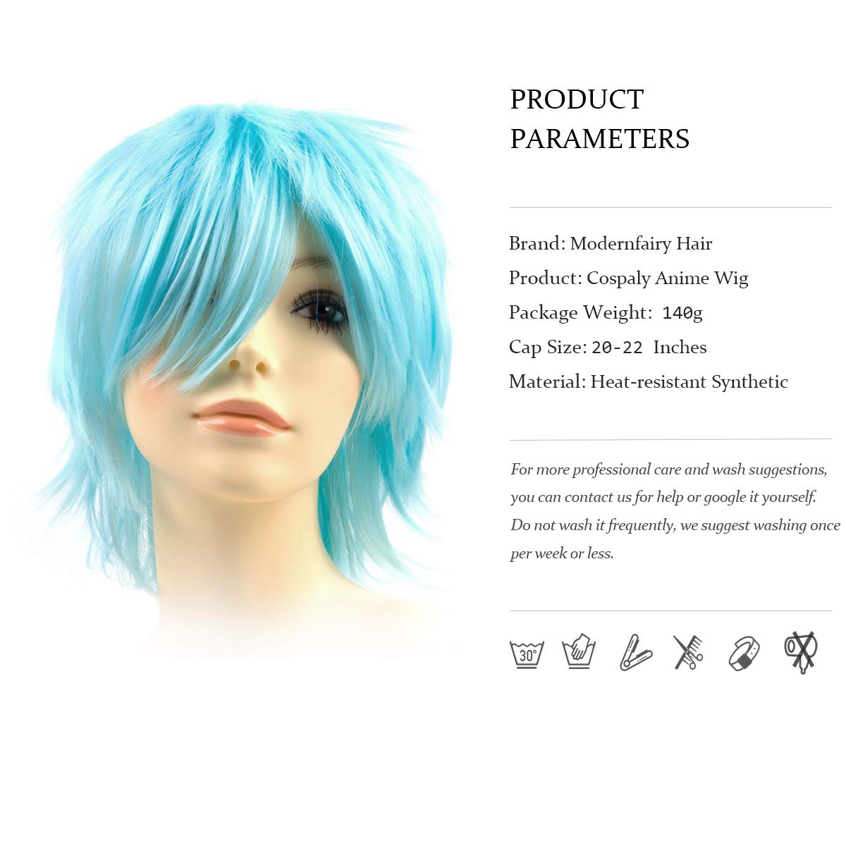 Modernfairy Anime Halloween Wig Aqua Blue for Cosplay Party, Synthetic Layered Short Hair Wigs with Bangs, Pastel Wigs for Women Men