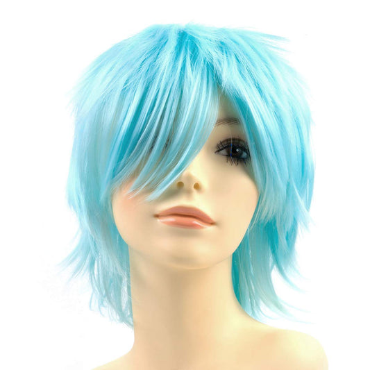 Modernfairy Anime Halloween Wig Aqua Blue for Cosplay Party, Synthetic Layered Short Hair Wigs with Bangs, Pastel Wigs for Women Men