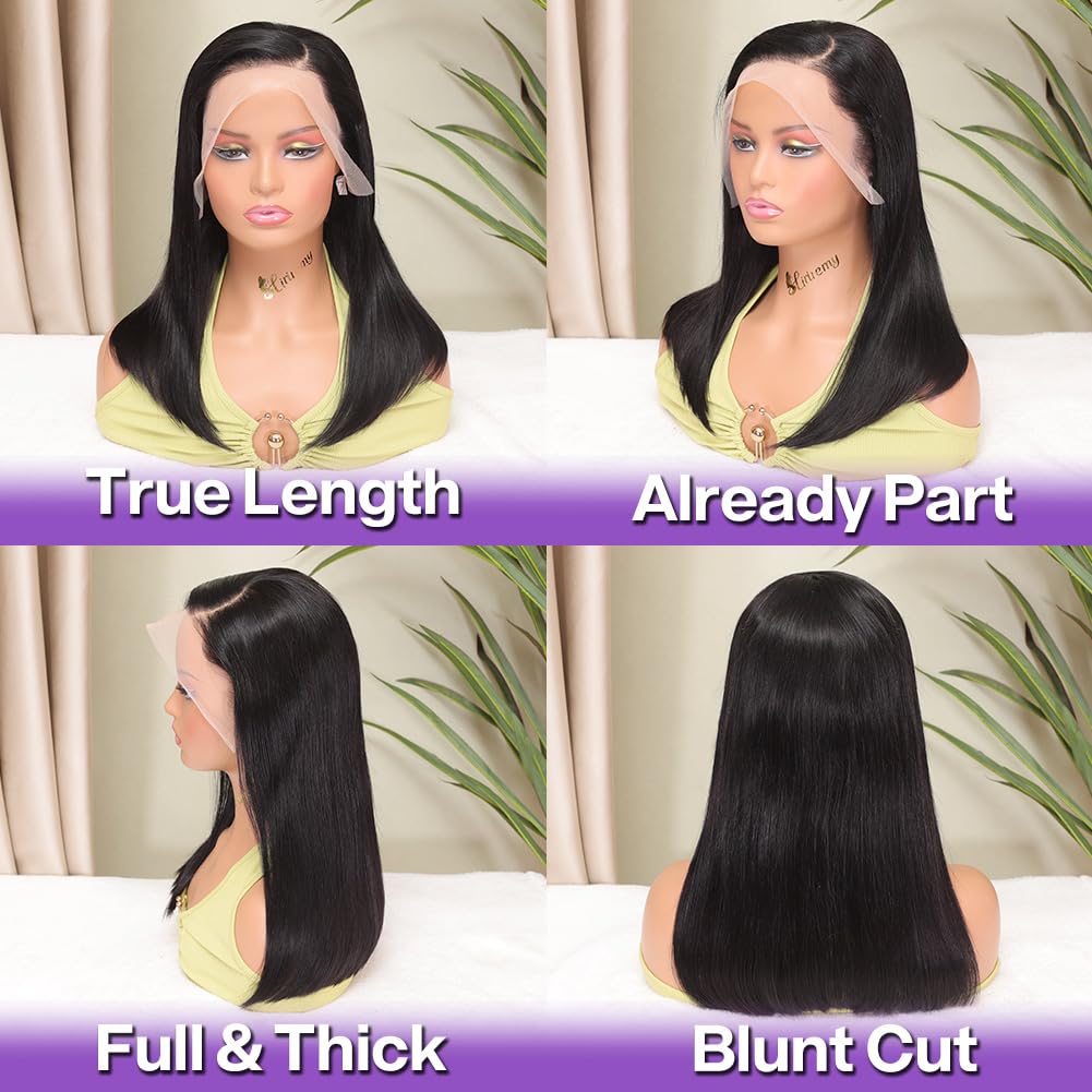 HIRIREMY Bob Wig Human Hair 13x4 HD Lace Frontal Short Straight Lace Front Bob Wigs for Black Women Human Hair Pre Plucked Glueless Side Part 180% Density Black Color 16 Inch