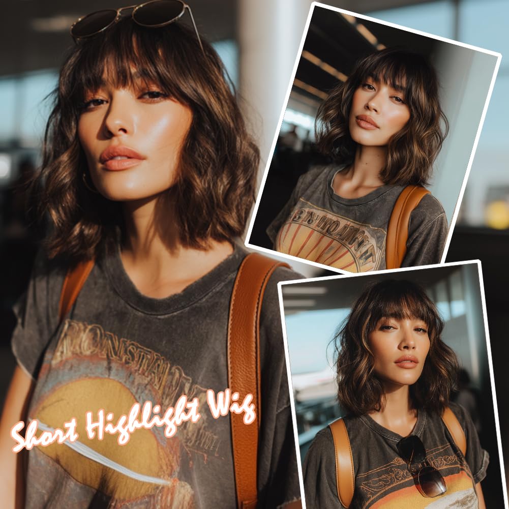 EssionTech Short Dark Brown Wig with Highlight Wigs for Women Brown Mixed Gold Wig Highlights with Bangs Medium Length Synthetic Hair Wavy Bob Wig Colorful Wigs（14 Inches）
