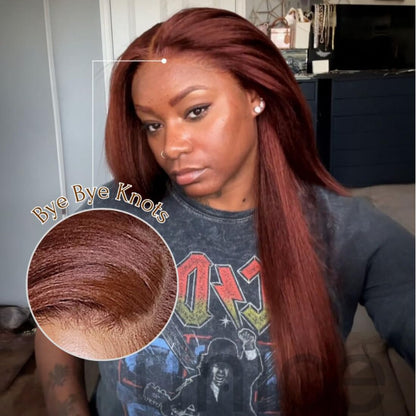 UNICE Bye Bye Knots Glueless Wig Reddish Brown Yaki Straight 7x5 Pre Cut Lace Glueless Wigs Human Hair Pre Plucked Pre Bleached Invisible Knots Human Hair Wig 14 inch