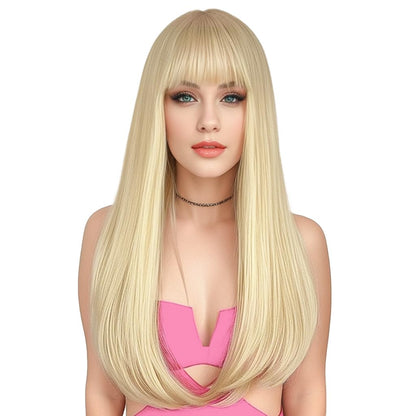 ENTRANCED STYLES Blonde Wig with Bangs, Long Straight Wigs for Women Natural Hair Wigs Synthetic Blond Wigs for Girls Daily Party Halloween Cosplay Wig 22 Inch