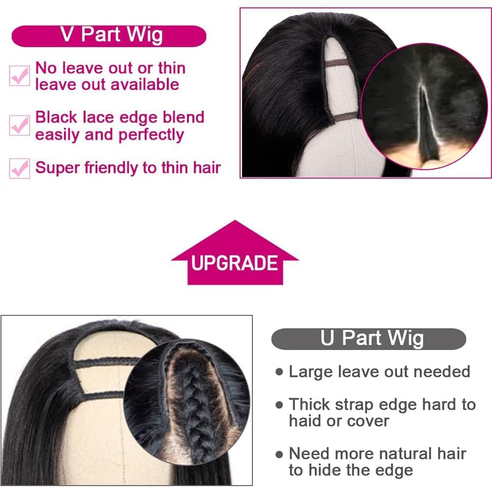 Pobokix Straight V Part Wigs Human Hair Upgrade U Part Human Hair Wigs for Black Women Glueless Clip In Half Wig 180% Density Natural Color (12inch)
