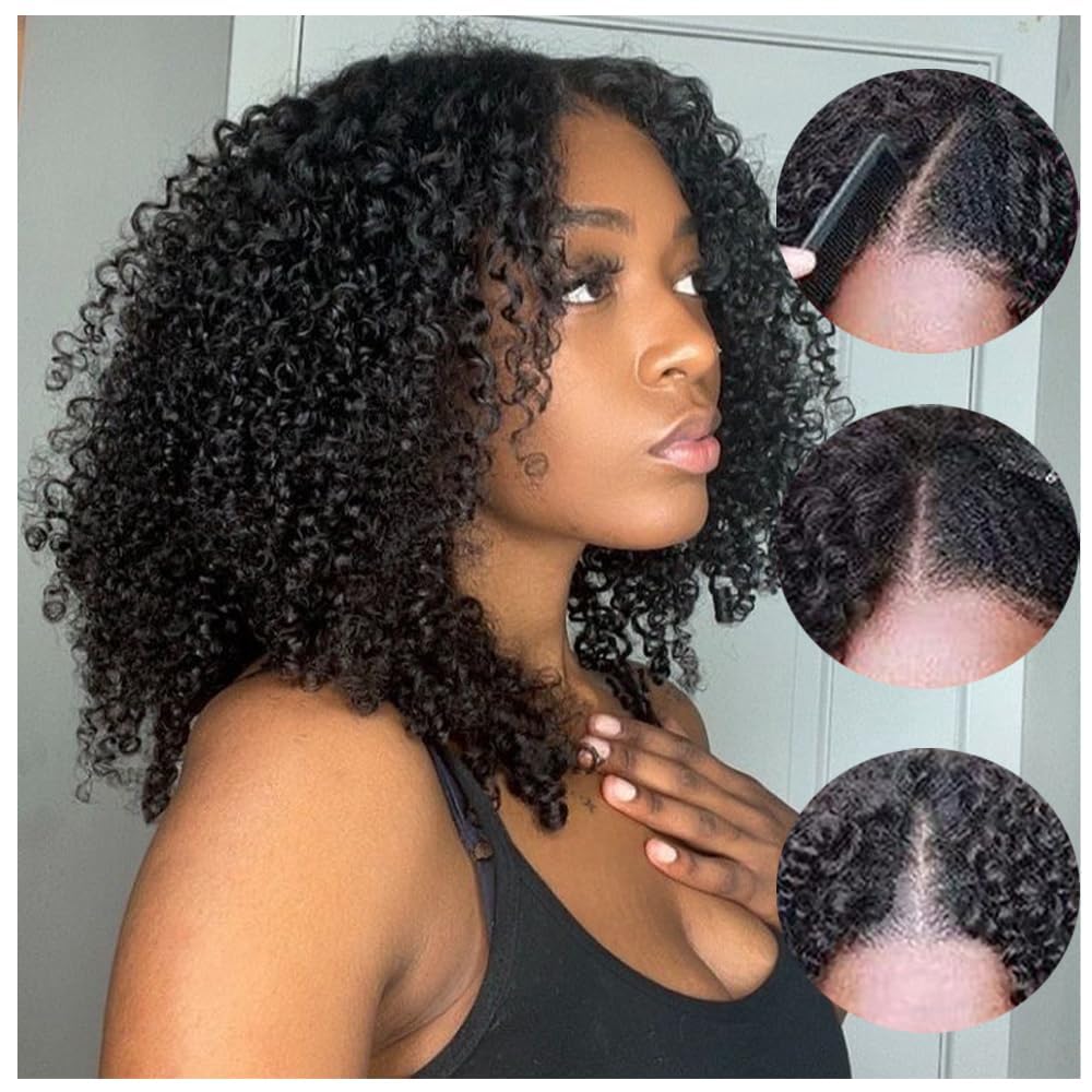 Legendhair Glueless V Part Wigs Human Hair Afro Kinky Curly Upgrade U Part Human Hair Wigs for Black Women Kinky Curly Bob Pixie Cut Wig Full Head Clip In Half Wig No Leave Out 200% Density 8 Inch