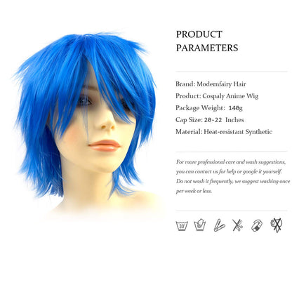 Modernfairy Anime Halloween Wig Blue for Cosplay Party, Synthetic Layered Short Hair Wigs with Bangs, Pastel Wigs for Women Men