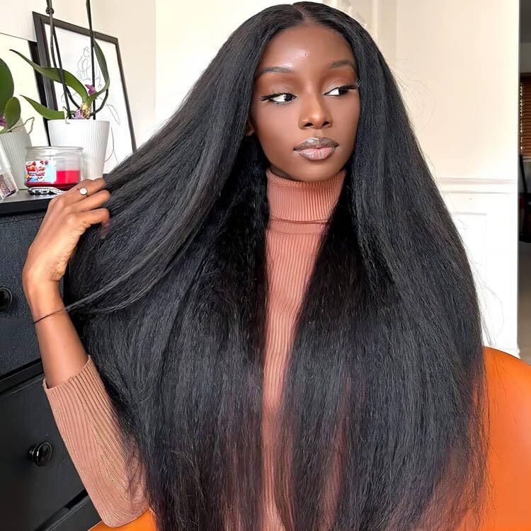 Alidiamond Kinky Straight Human hair Wig 13X4 Kinky Straight Wigs PrePlucked with Baby Hair 180% Density Yaki Straight Human Hair Wig 18 Inch Brazilian Remy Wigs for Women