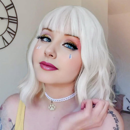 AGO White Wavy Wig with Bangs,Short Curly Bob Wig Shoulder Length 14Inch Synthetic Hair for Women Girl Heat Resistant Synthetic Colorful Wigs for Daily Party Halloween Cosplay Use(60#White)