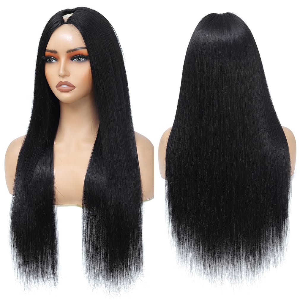 Aolvoblees V Part Wigs Human Hair Straight Minimal/No Leave Out Upgrade U Part Wig for Black Women 200% Density Clip in Half Wig No Lace No Glue No Sew Natural Black 22 Inch