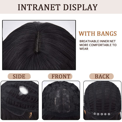 N NAYASA Long Black Wigs with Bangs Layered Wigs for Women Synthetic Heat Resistant Wig Natural Looking Realistic Wigs for Daily Party Use (24 inch)
