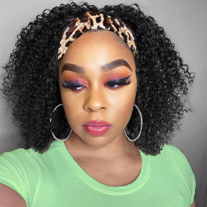 Headband Wig Human Hair Deep Wave 8 Inch Glueless None Lace Front Wigs Machine Made Half Wigs for Black Women 150% Density Curly Headband Wigs Human Hair Natural Color