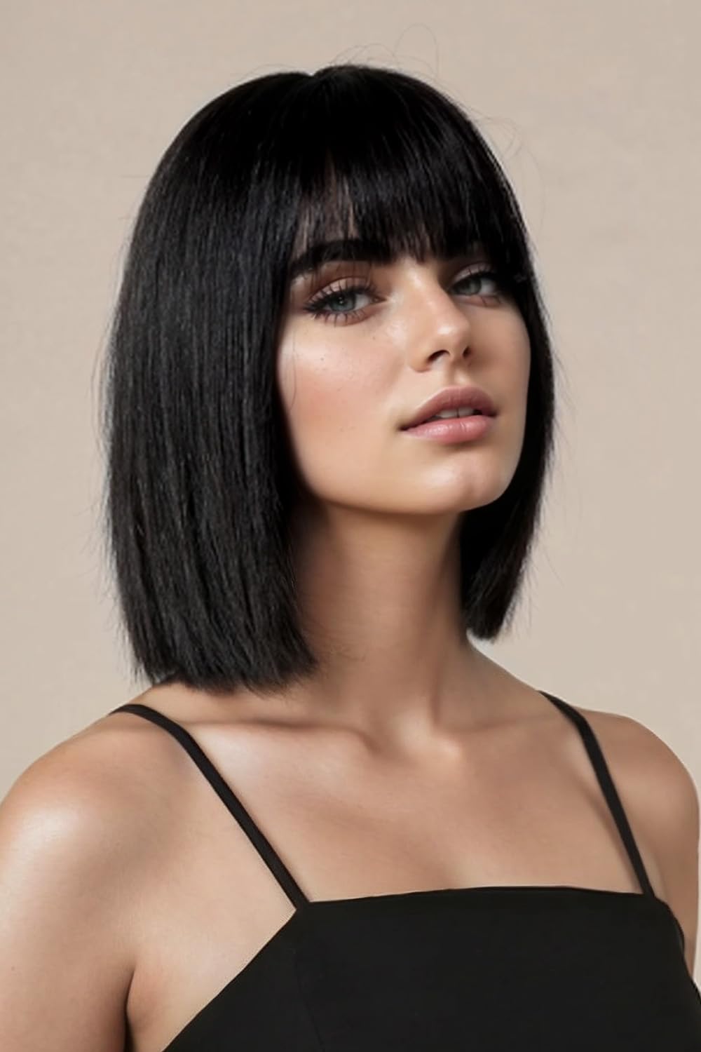 Short Black Straight Wig with Bangs Black Wigs for Women Bob Shoulder Length Wigs Heat Resistant Fiber Synthetic Hair Wigs Hair Replacement Natural Looking(12INCH)