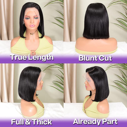HIRIREMY Bob Wig Human Hair 13x4 HD Lace Frontal Short Straight Lace Front Bob Wigs for Black Women Human Hair Pre Plucked Glueless Side Part 180% Density Black Color 10 Inch