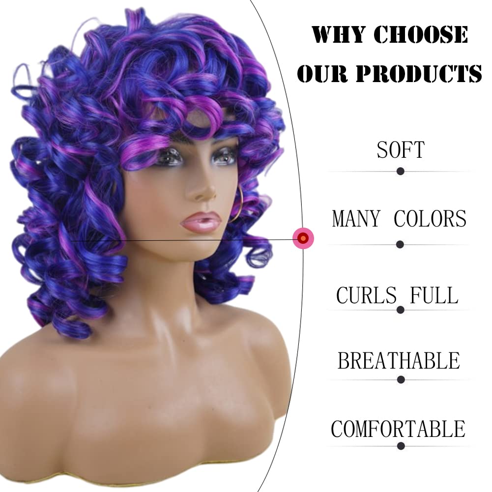 andromeda Short Curly Wigs for Black Women Soft Mixed Blue Purple Big Curly Wig with Bangs Cute Loose Curly Cosplay Party Daily Synthetic Wig for African American Women（Mixed Blue Purple）
