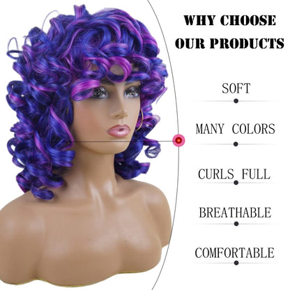 andromeda Short Curly Wigs for Black Women Soft Mixed Blue Purple Big Curly Wig with Bangs Cute Loose Curly Cosplay Party Daily Synthetic Wig for African American Women（Mixed Blue Purple）