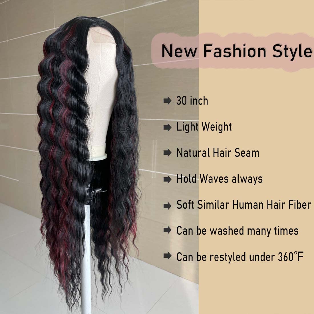 INSTASTYLE Burgundy Red Highlight Wig 30 inch Loose Deep Wave Wigs Synthetic Long Curly Wigs for Women Simulated Scalp Lace Front Wig Crimps Curls