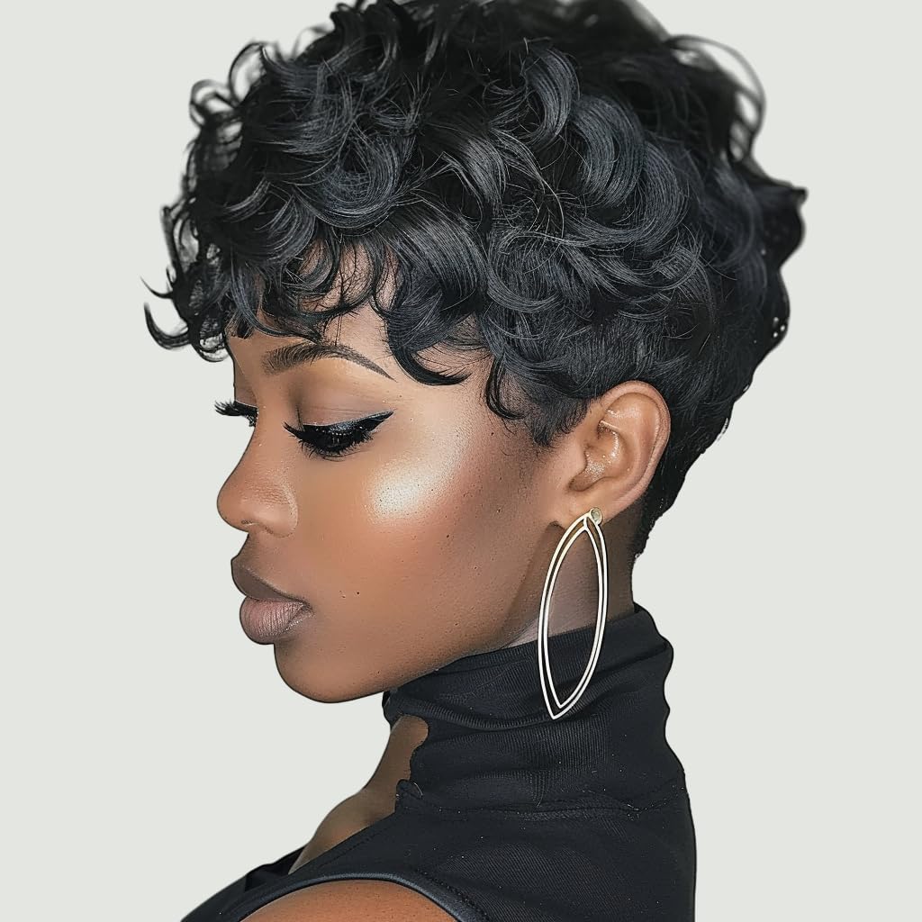 MUJGOO Natural Black Pixie Cut Wig for Black Women Synthetic Pixie Wigs Curly Short Wigs for Black Women Black Layered Wig with Bangs Wavy Short Curly Wig(Black)