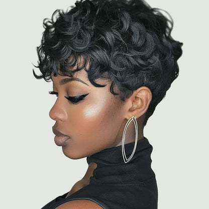 MUJGOO Natural Black Pixie Cut Wig for Black Women Synthetic Pixie Wigs Curly Short Wigs for Black Women Black Layered Wig with Bangs Wavy Short Curly Wig(Black)