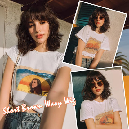 EssionTech Short Chocolate Brown Wigs for Women Dark Brown Wavy Bob Wig with Bangs Medium Lenth Synthetic Natural Hair Wigs for Daily Party Use(14 Inch)