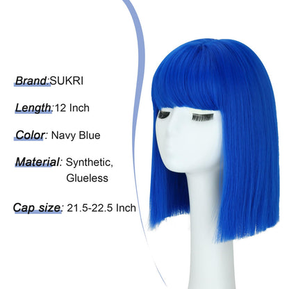 SUKRI Dark Blue Bob Wig With Bangs - Short Straight Bob Bangs Wig, 12Inch Heat Resistant Synthetic Hair, Natural Looking For Daily Party Use