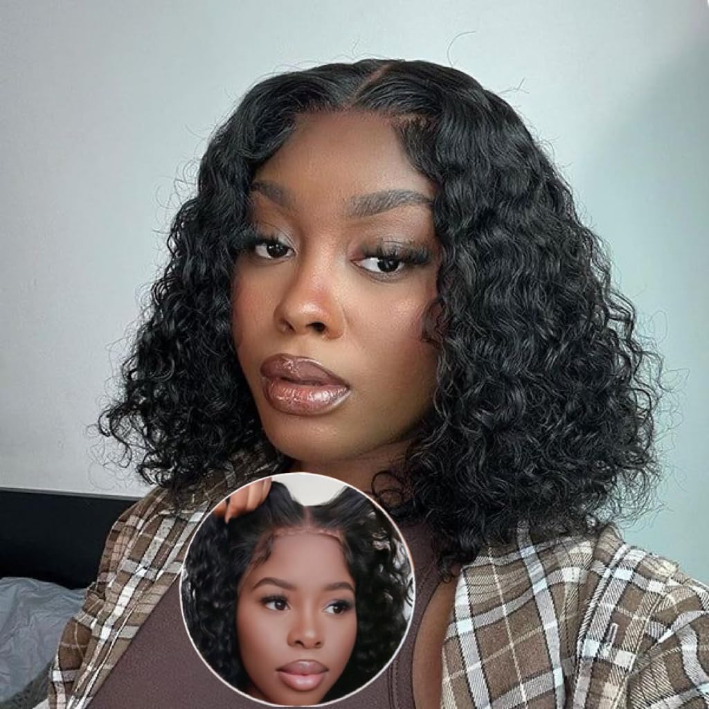 GIESWY Curly Bob Wig Human Hair 4x4 Hd Lace Front Wigs Human Hair Wear and Go Glueless Wigs Human Hair Pre Plucked Pre Cut Short Kinky Curly Bob Wigs For Women 200% Density 10 inch