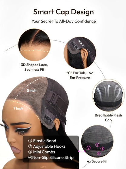 UNICE Bye Bye Knots Glueless 7X5 Pre Cut Lace Front Wig Yaki Wavy Flip Out Bang Curl Wig Put on and Go Human Hair Wigs Pre Plucked Bleached Knots Natural Hairline 150% Density 18 Inch