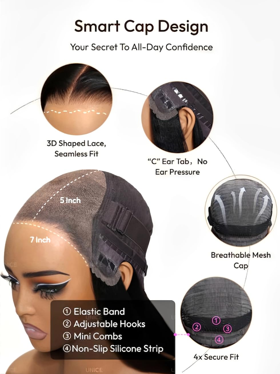 UNICE Bye Bye Knots Glueless 7X5 Pre Cut Lace Front Wig Yaki Wavy Flip Out Bang Curl Wig Put on and Go Human Hair Wigs Pre Plucked Bleached Knots Natural Hairline 150% Density 24 Inch