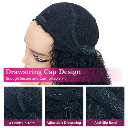 Legendhair Wear & Go Glueless Wigs Human Hair Afro Kinky Curly Human Hair Half Wigs for Black Women Seamless Kinky Curly Bob Pixie Cut Wig Drawstring Full Head Clip in Half Wig 200% Density 12 Inch