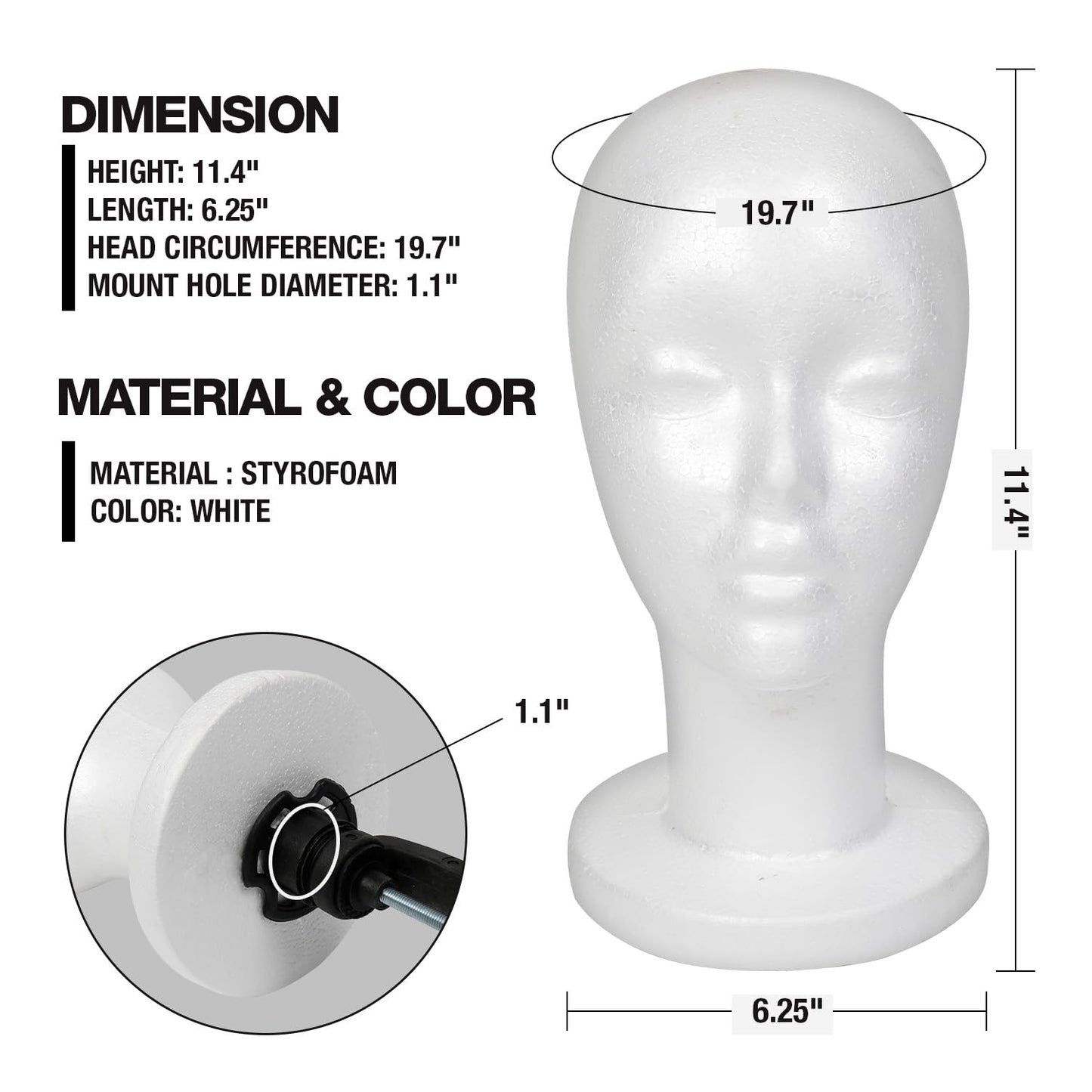 STUDIO LIMITED 11.4-Inch Styrofoam Mannequin Head (2 Pack) - White Foam Wig Stand for Wigs, Hats, Masks, Hairpieces, Arts, Crafts, DIY Projects, Salon Display, and Travel Use