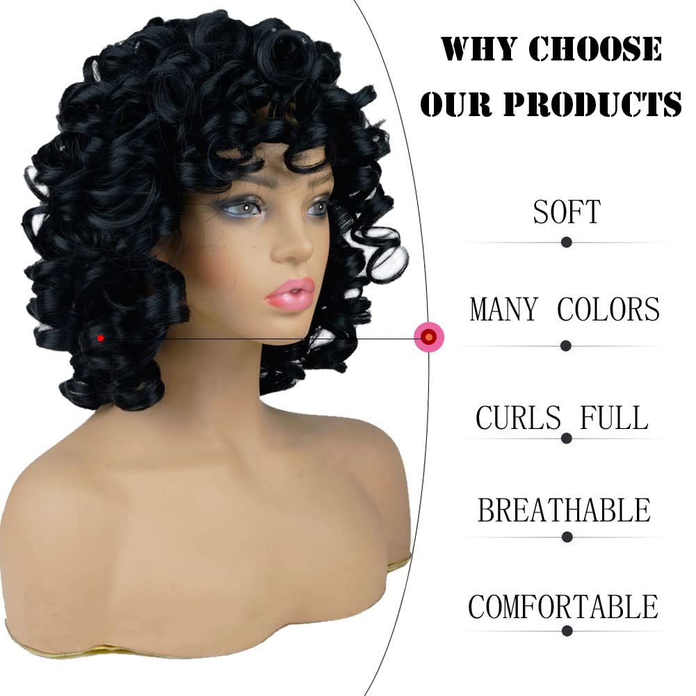 andromeda Curly Wigs for Black Women Soft Black Short Curly Wig with Bangs Afro Loose Curls Heat Resistant Synthetic Wig for African American Women (Black)