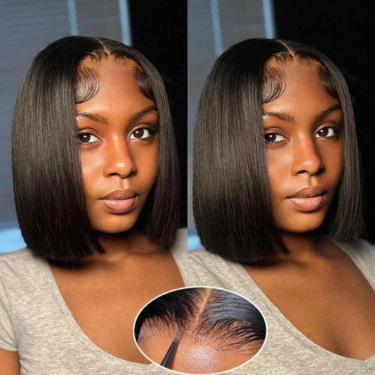 EQ DUOUPA Wear and Go Glueless Bob Wigs Human Hair Pre Plucked Pre Cut Short Bob Straight Lace Front Wigs 5x5 Hd Lace Closure Wigs Human Hair for Beginners Natural Black 8inch (bob human hair, 8inch)