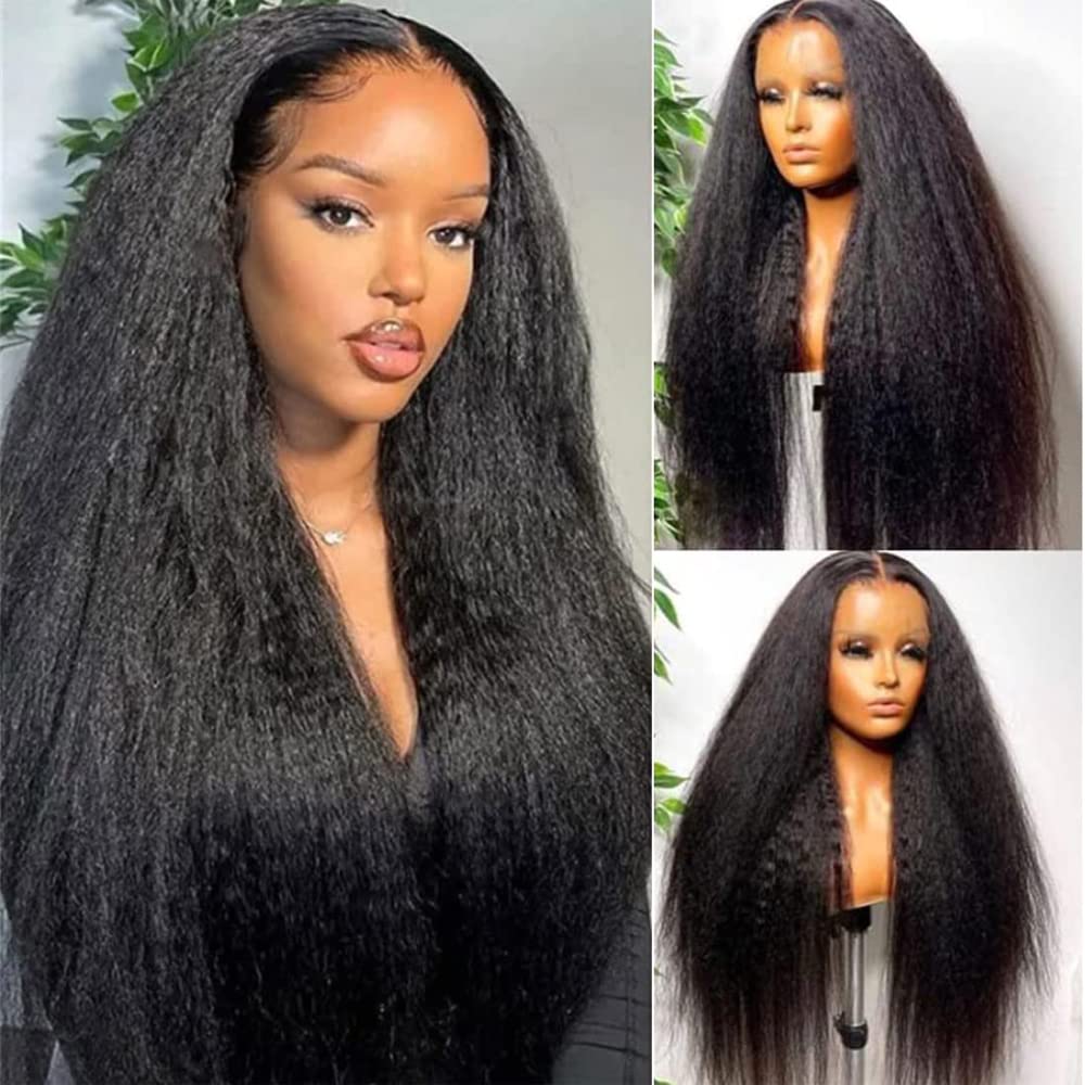 Alidiamond Kinky Straight Wig Yaki Straight Human Hair Wig 24Inch Kinky Straight Human Hair Wig 180 Density Brazilian Lace Front Wig Human Hair Kinky Curly Natural Color