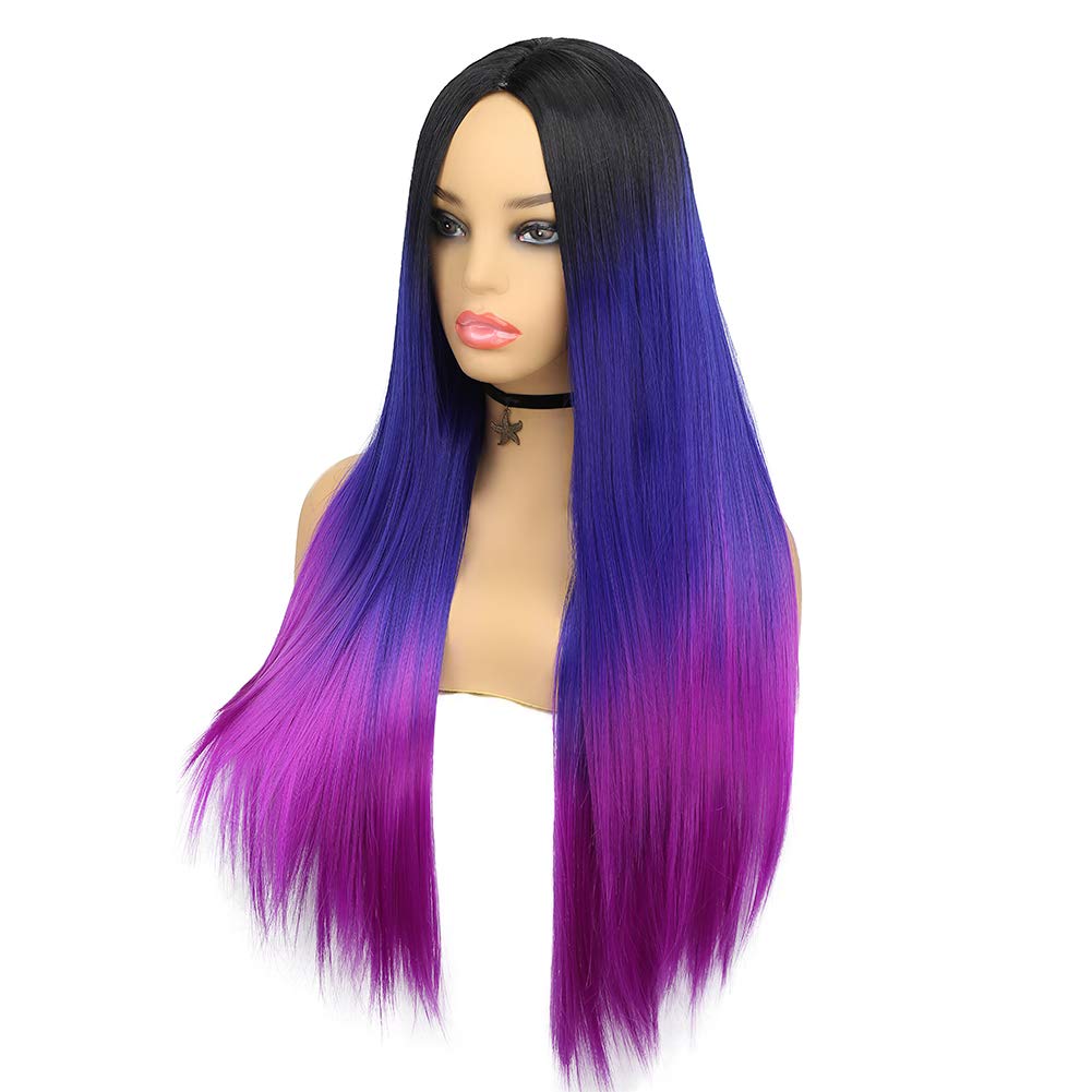 WIGER Long Straight Ombre Wigs Rainbow Mermaid Purple Wigs for Women Black To Blue To Hot Pink No Lace Three-Tone Colored Cosplay Hair 26 Inches Synthetic Girls Party Wig