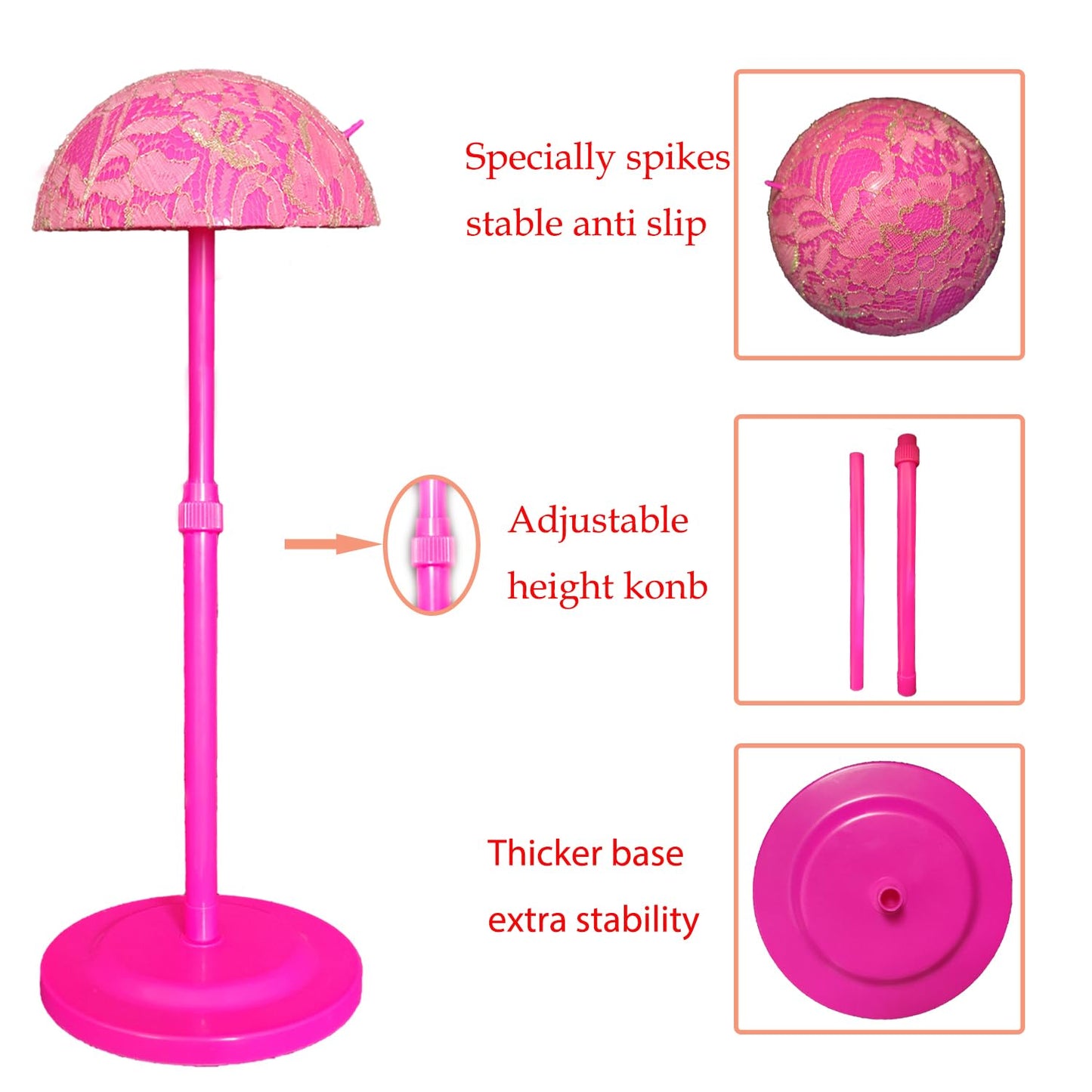 Wig Stand Pink 1PC Adjustable Height Portable Wig Holder Stands Non-Slip Wig Head Holders Sturdy Plastic Wig Head Stand for Multiple Wigs and Hats Styling Drying Display