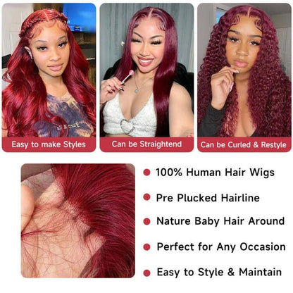 99J Burgundy Lace Front Wigs Human Hair Pre Plucked 13x4 Red Lace Front Wigs Human Hair Colored Body Wave 180% Density HD Lace Front Wigs Human Hair Burgundy Lace Frontal Wigs Human Hair 20 Inch