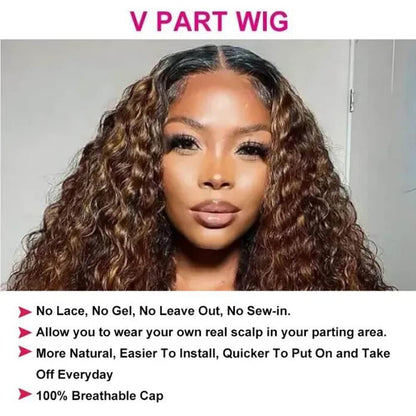 UNICE Curly V Part Wigs Human Hair Balayage Brown Highlight Clip in Upgrade U Part Wig No Leave Out Wear Go Glueless Human Hair Wig Beginner Friendly 18 inch