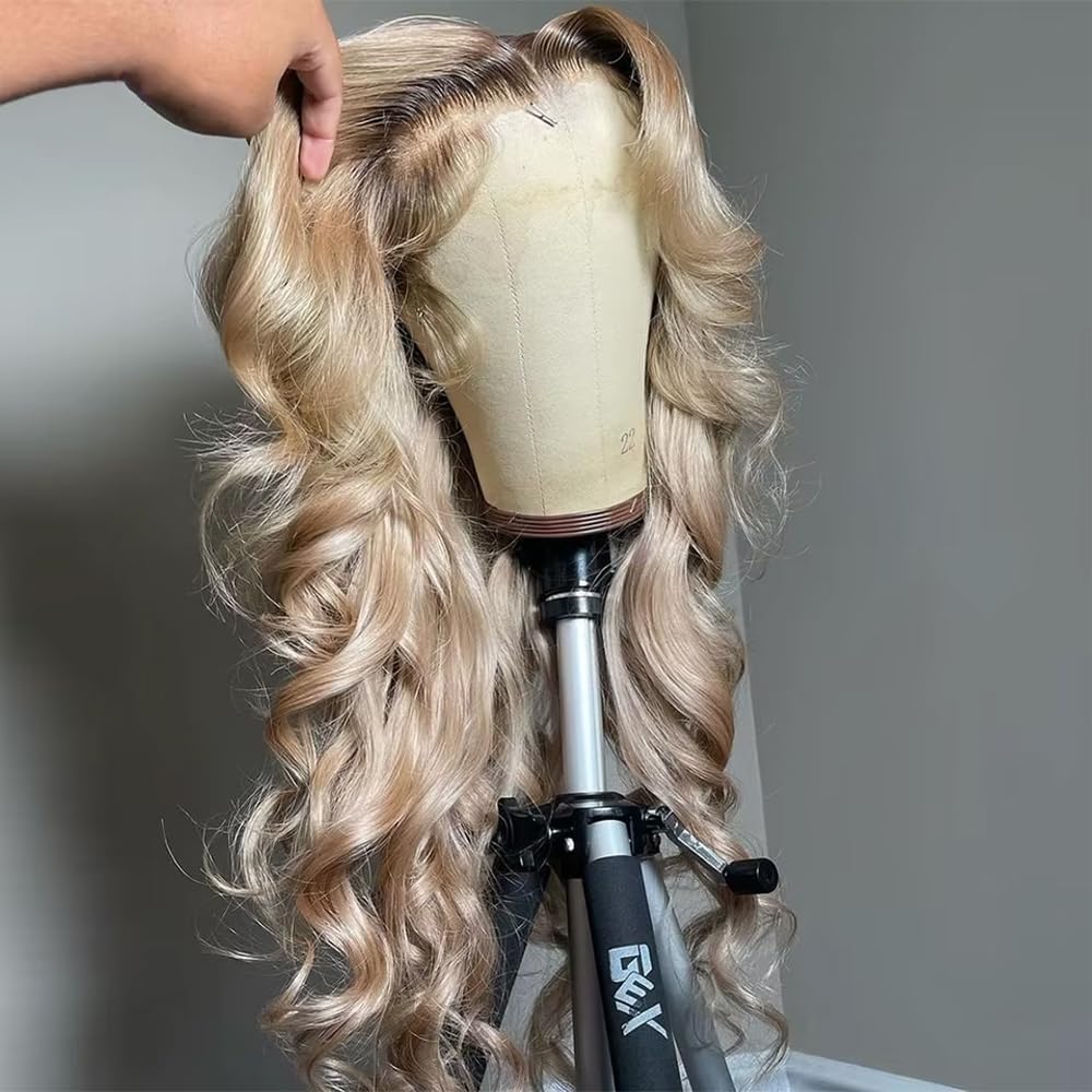 CIYOO 200% Density Milk Tea Ombre Ash Blonde Lace Front Wig Human Hair Upgrades 13x6 Body Wave Lace Front Wig for Women Hd Invisible Frontal Pre Plucked Ombre Blonde Human Hair Wig 22 Inch