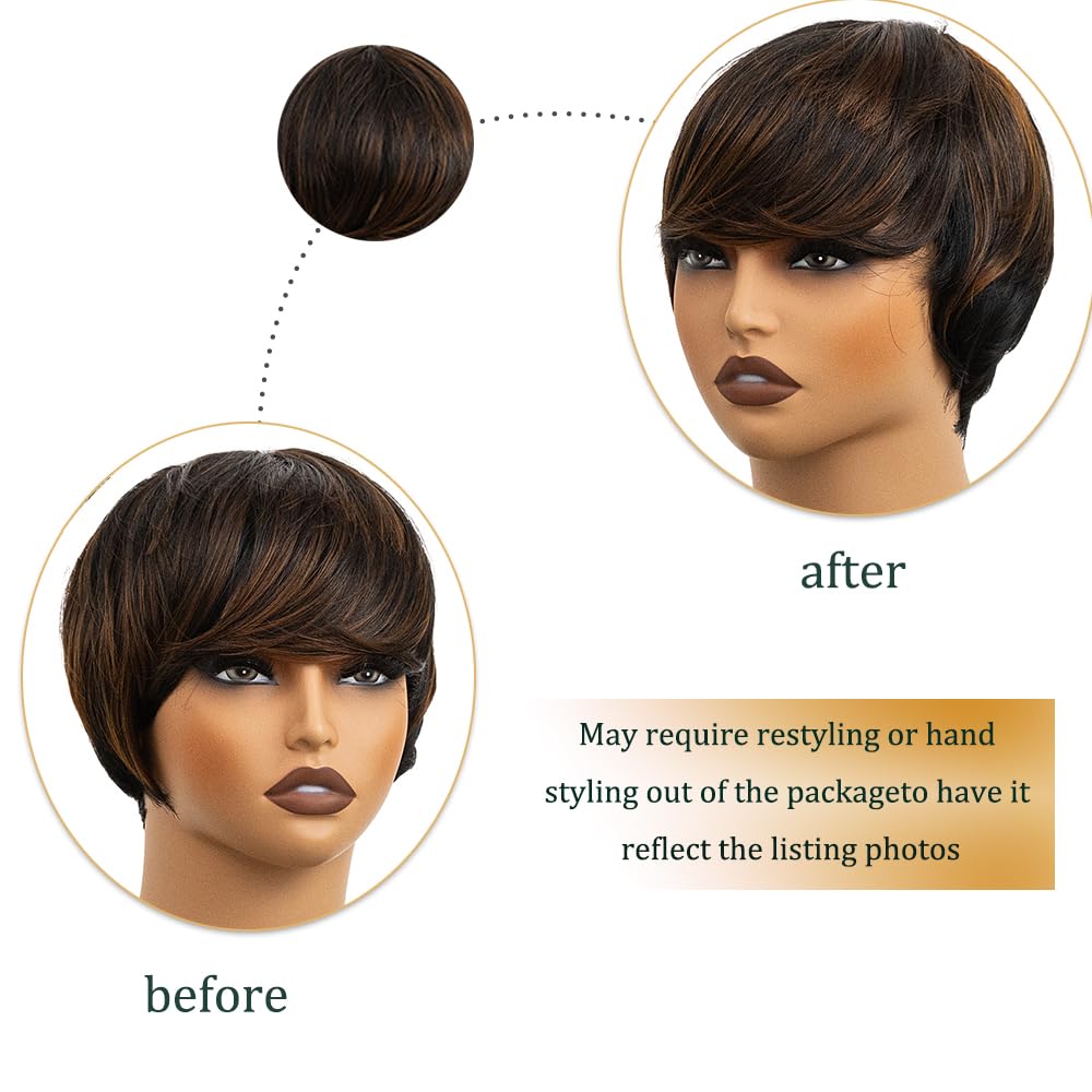 MUJGOO Pixie Wigs Short Wigs for Black Women Brown Short Pixie Cut Wigs for Black Women Layered Wigs with Bangs for Women (Mixing black and brown)