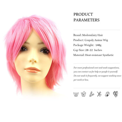 Modernfairy Anime Halloween Wig Pink for Cosplay Party, Synthetic Layered Short Hair Wigs with Bangs, Pastel Wigs for Women Men
