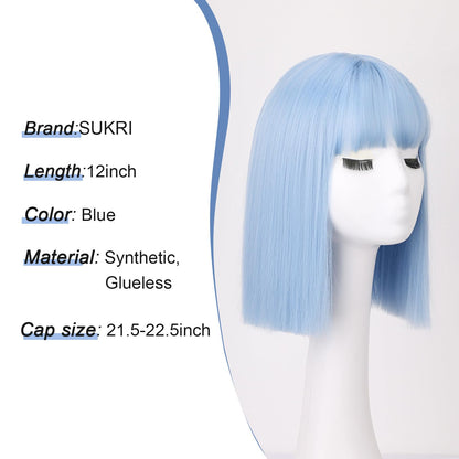 Light Blue Bob Wig with Bangs Short Straight Blue Wig for Women Shoulder Length Wigs Colorful Synthetic Wig for Daily Use Party Cosplay（12Inch）