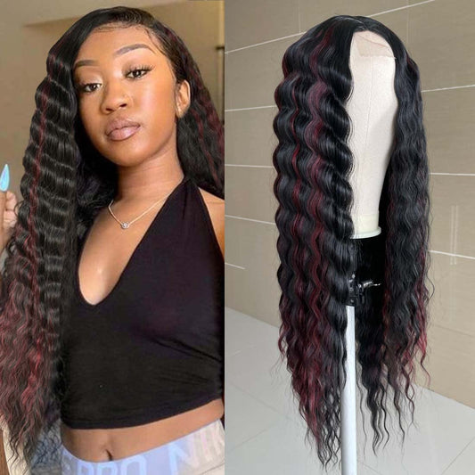 INSTASTYLE Burgundy Red Highlight Wig 30 inch Loose Deep Wave Wigs Synthetic Long Curly Wigs for Women Simulated Scalp Lace Front Wig Crimps Curls
