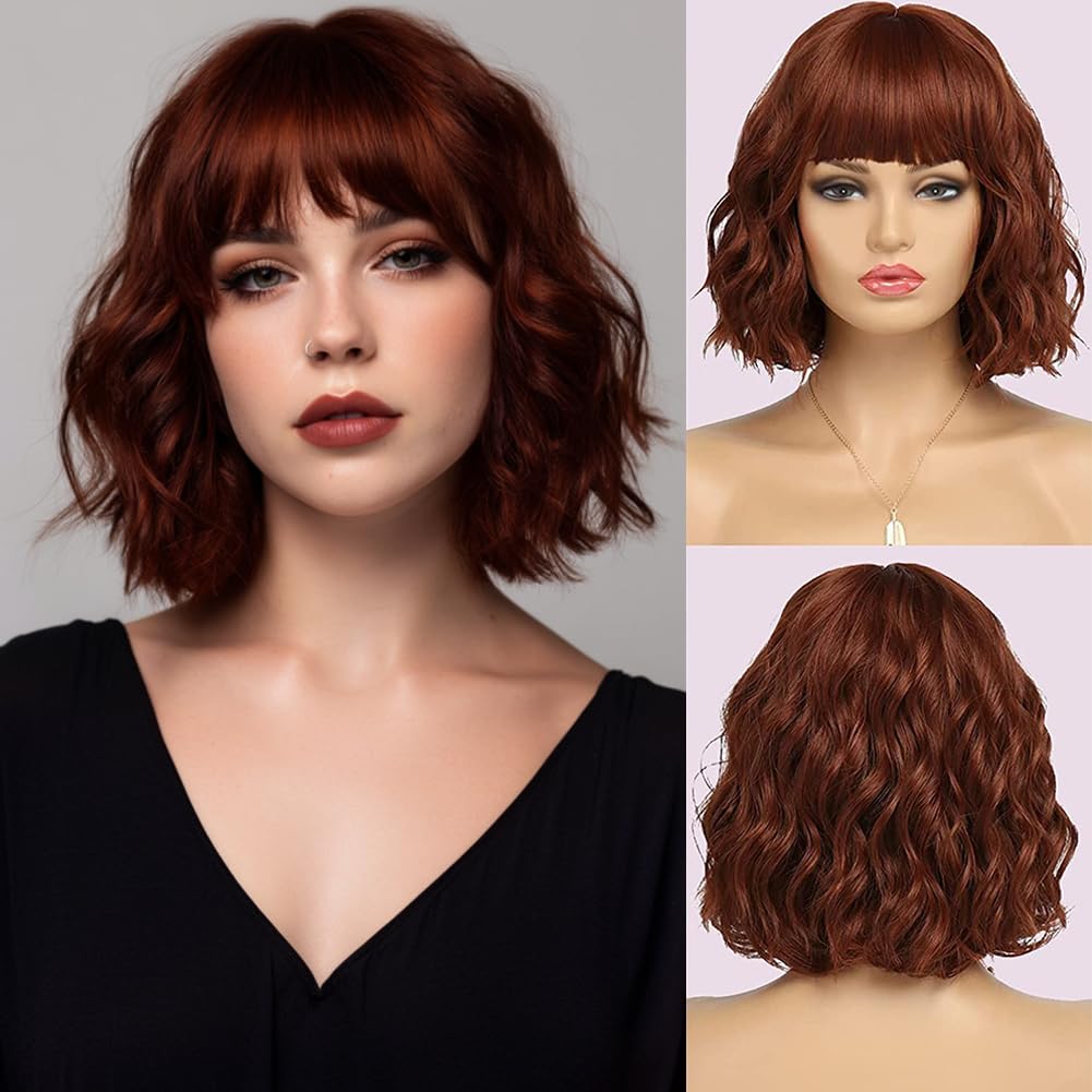 EssionTech Short Auburn Wigs for Women Dark Ginger Wig with Bangs Wigs Natural Looking Curly Hair Medium Length Synthetic Bob Wig Wavy Colorful Wigs（12 Inches）