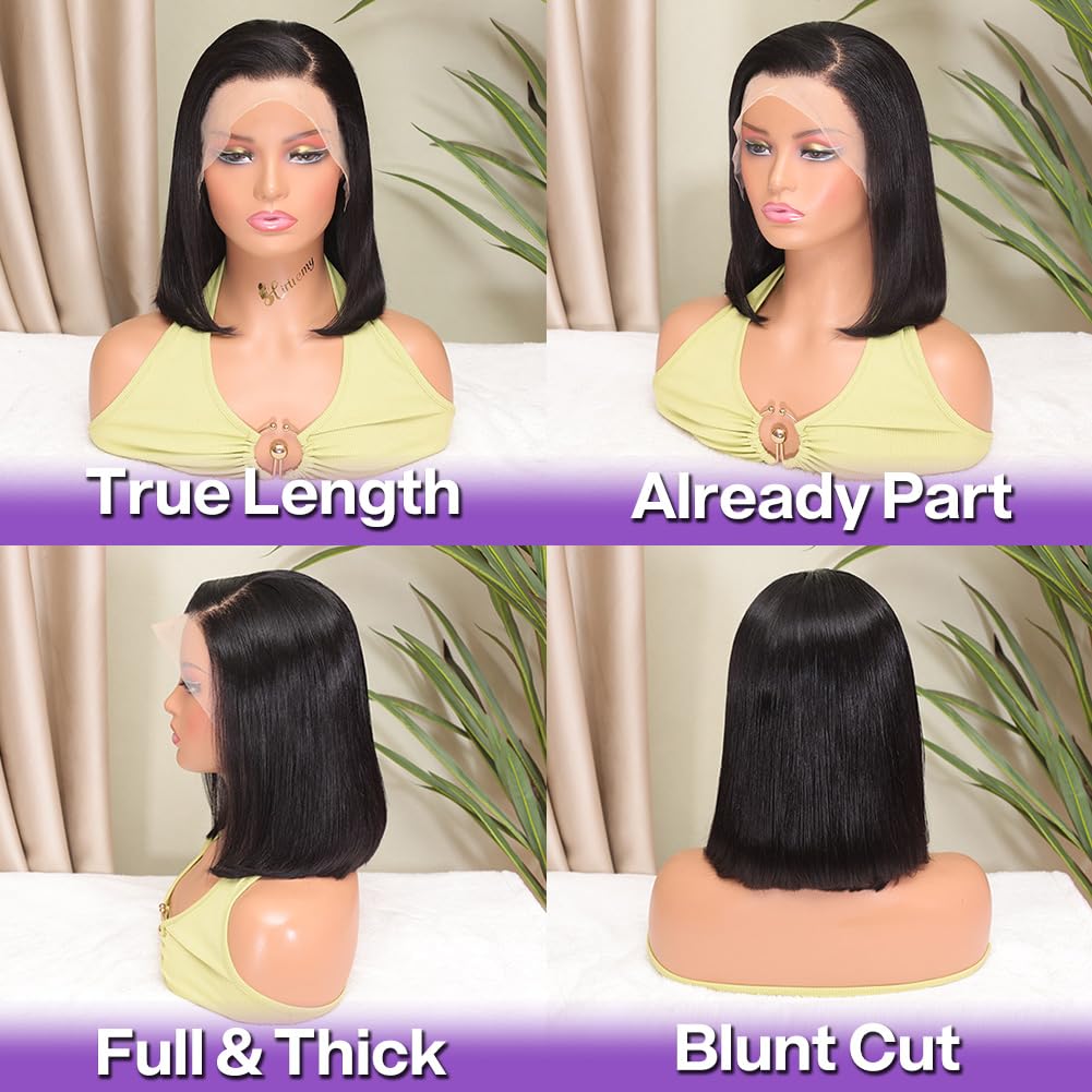 HIRIREMY Bob Wig Human Hair 13x4 HD Lace Frontal Short Straight Lace Front Bob Wigs for Black Women Human Hair Pre Plucked Glueless Side Part 180% Density Black Color 12 Inch